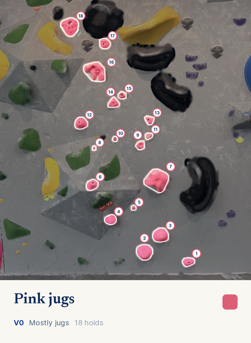 A scanned wall with the pink route picked out and all 18 of its holds outlined and numbered from the bottom